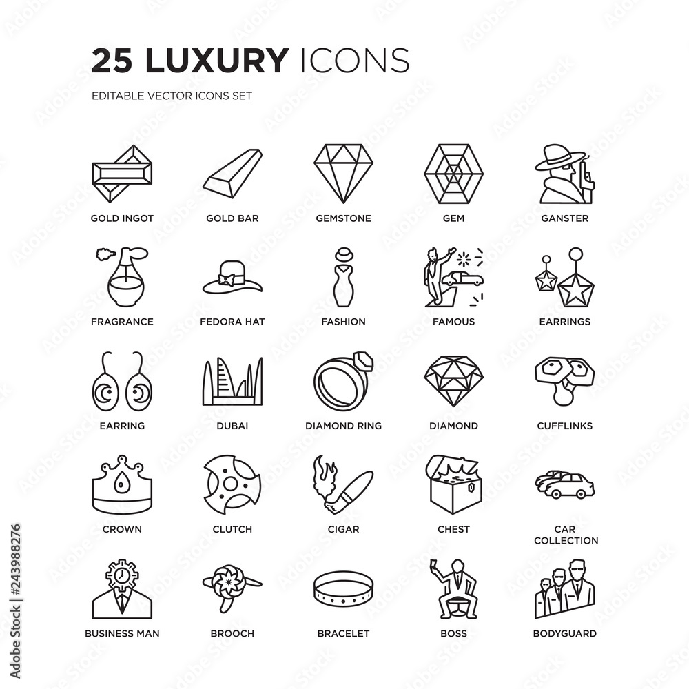 Set of 25 Luxury linear icons such as Gold ingot, bar, Gemstone, Gem, Ganster, Earrings, Cufflinks, Car collection, vector illustration of trendy icon pack. Line icons with thin line stroke.
