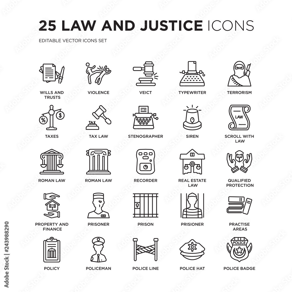 Set of 25 law and justice linear icons such as wills trusts, Violence, Veict, Typewriter, terrorism, Scroll with, vector illustration of trendy icon pack. Line icons with thin line stroke.