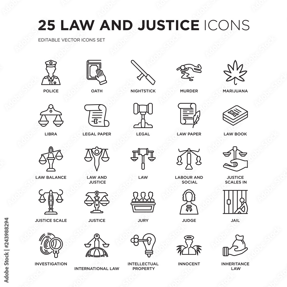 Set of 25 law and justice linear icons such as Police, Oath, Nightstick, murder, Marijuana, Law book, scales in Hand, vector illustration of trendy icon pack. Line icons with thin line stroke.