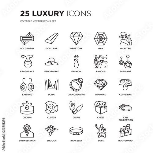 Set of 25 Luxury linear icons such as Gold ingot, bar, Gemstone, Gem, Ganster, Earrings, Cufflinks, Car collection, vector illustration of trendy icon pack. Line icons with thin line stroke.