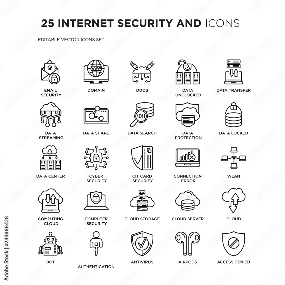 Set of 25 INTERNET SECURITY AND linear icons such as Email security, domain, Ddos, data unclocked, Data transfer, locked, vector illustration of trendy icon pack. Line icons with thin line stroke.