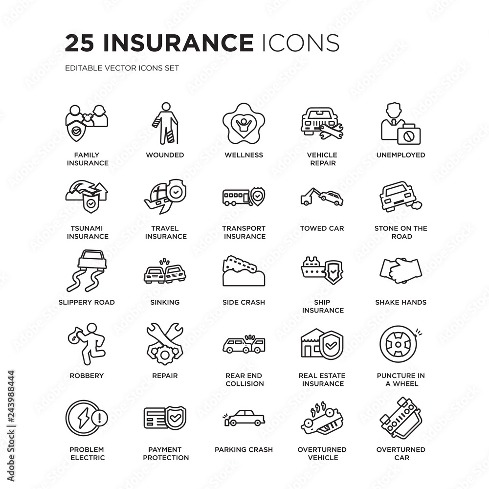 Set of 25 Insurance linear icons such as Family insurance, Wounded, Wellness, Vehicle repair, Unemployed, Stone on the road, vector illustration of trendy icon pack. Line icons with thin line stroke.
