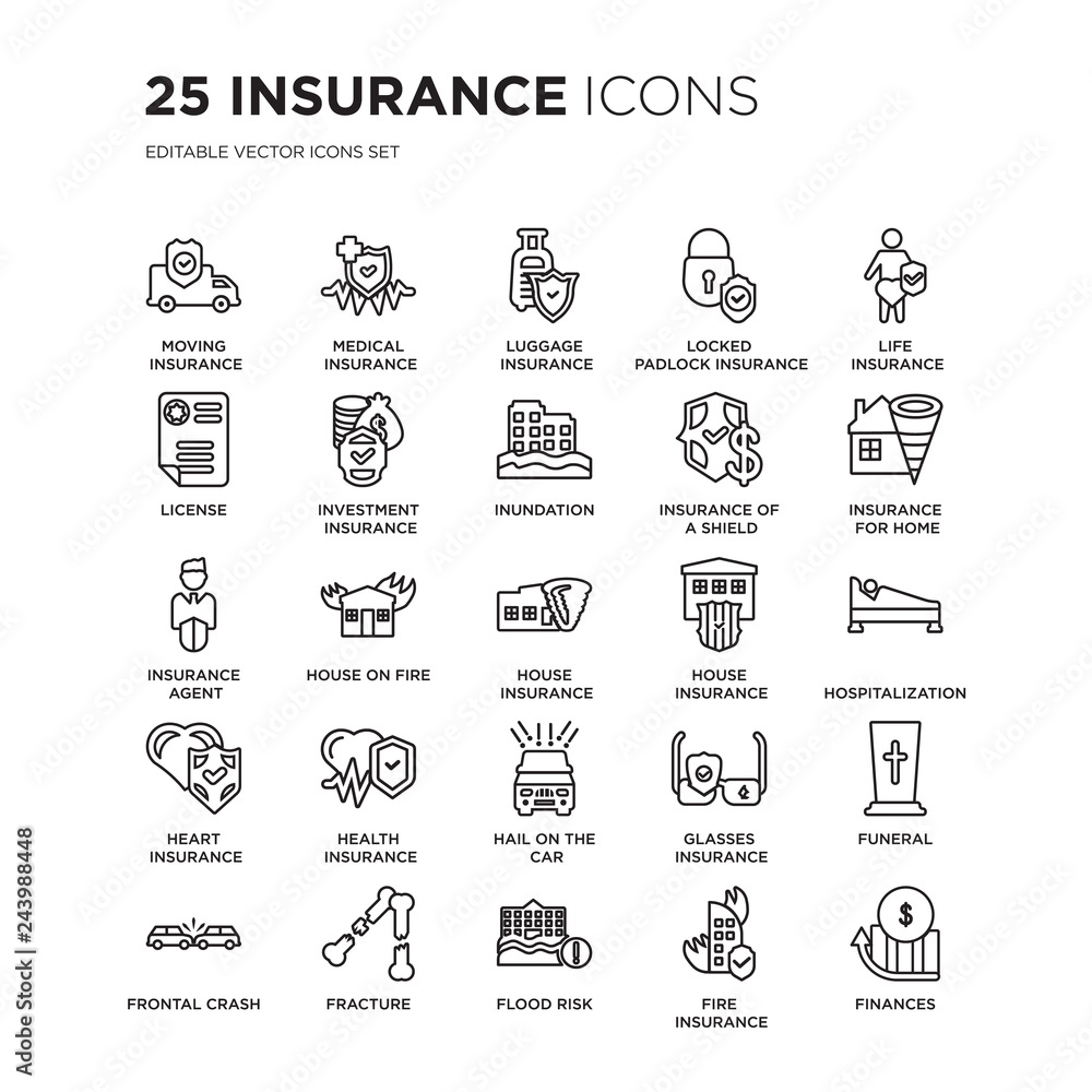 Set of 25 Insurance linear icons such as Moving insurance, Medical Luggage Locked padlock insurance, vector illustration of trendy icon pack. Line icons with thin line stroke.