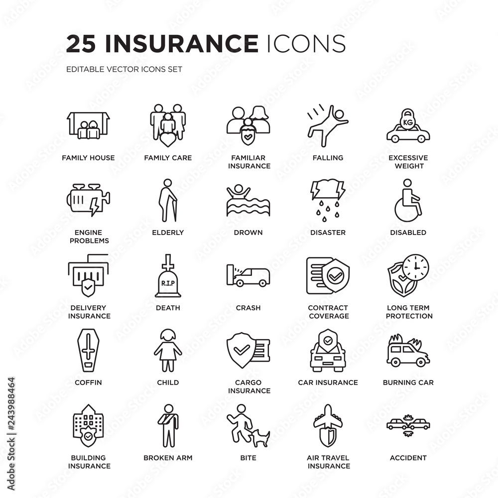 Set of 25 Insurance linear icons such as Family House, Care, Familiar insurance, Falling, vector illustration of trendy icon pack. Line icons with thin line stroke.