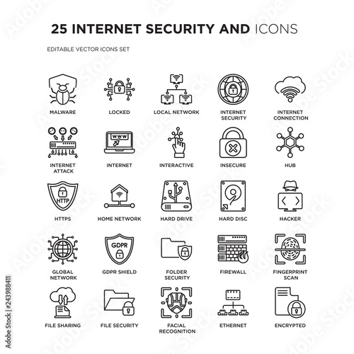 Set of 25 INTERNET SECURITY AND linear icons such as Malware, Locked, Local network, internet security, Internet connection, vector illustration of trendy icon pack. Line icons with thin line stroke.