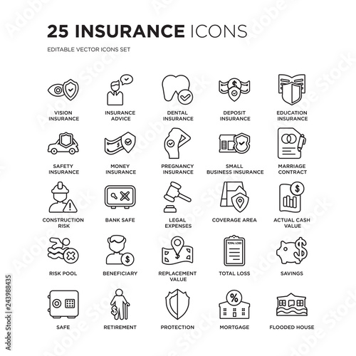 Set of 25 Insurance linear icons such as vision insurance, insurance advice, dental deposit, vector illustration of trendy icon pack. Line icons with thin line stroke.