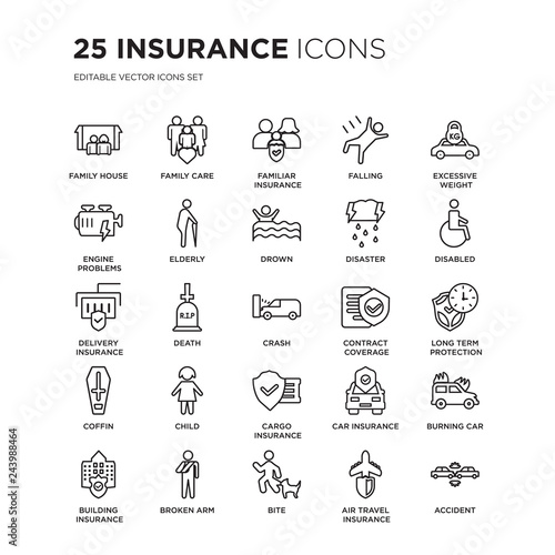 Set of 25 Insurance linear icons such as Family House, Care, Familiar insurance, Falling, vector illustration of trendy icon pack. Line icons with thin line stroke.