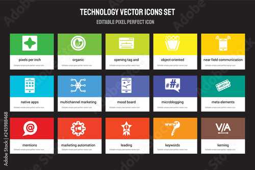 Set of 15 flat technology icons - Pixels per Inch, Organic, Leading, Near Field Communication, Mentions, Microblogging, Meta Elements, Keywords. Vector illustration isolated on colorful background