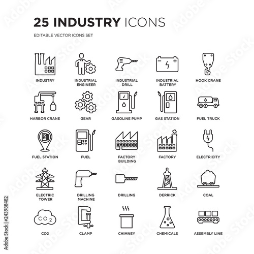 Set of 25 Industry linear icons such as Industry, industrial Engineer, Drill, Battery, Hook crane, vector illustration of trendy icon pack. Line icons with thin line stroke.