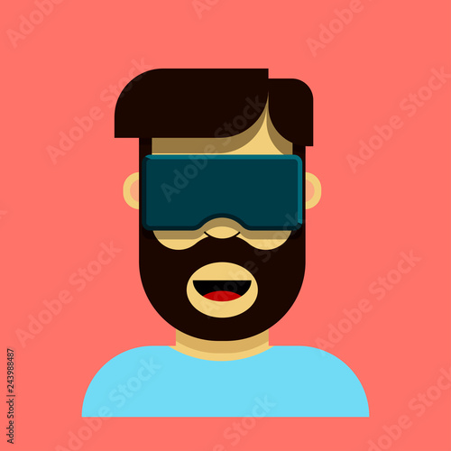 Young man with beard cartoon character enjoying virtual relity.