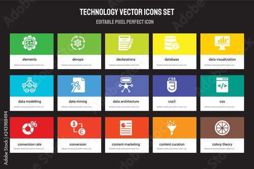 Set of 15 flat technology icons - Elements, DEVOPS, Content Marketing, Data visualization, Conversion rate optimization. Vector illustration isolated on colorful background