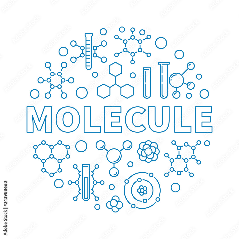 Molecule vector outline blue round illustration. Science and Chemistry concept banner in thin line style on white background