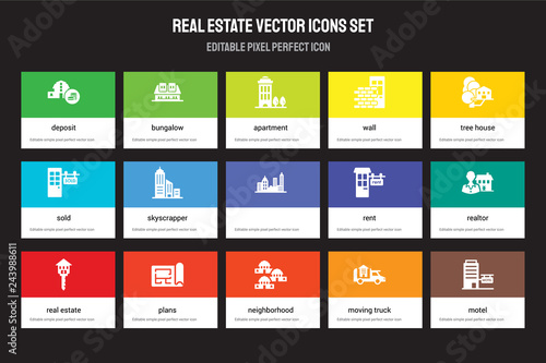 Set of 15 flat real estate icons - Deposit, Bungalow, Neighborhood, Tree house, Real estate, Rent, Realtor, Moving truck. Vector illustration isolated on colorful background