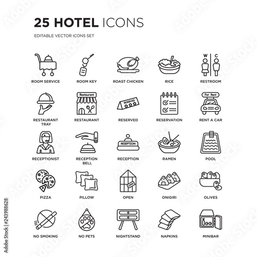 Set of 25 Hotel linear icons such as Room service, key, Roast chicken, Rice, Restroom, Rent a car, Pool, Olives, No pets, vector illustration of trendy icon pack. Line icons with thin line stroke.