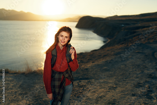sunset woman hiking nature