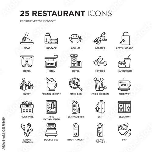 Set of 25 Restaurant linear icons such as Meat, Luggage, Lounge, Lobster, Left-luggage, Hamburger, Free wifi, Elevator, vector illustration of trendy icon pack. Line icons with thin line stroke.