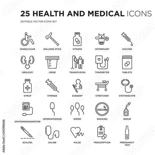 Set of 25 Health and Medical linear icons such as Wheelchair, Walking stick, vitamin, Veterinary, Vaccine, Tablets, vector illustration of trendy icon pack. Line icons with thin line stroke.