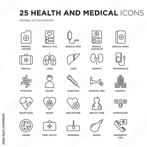 Set of 25 Health and Medical linear icons such as history, medical File, drip, Checklist, Book, vector illustration of trendy icon pack. Line icons with thin line stroke.