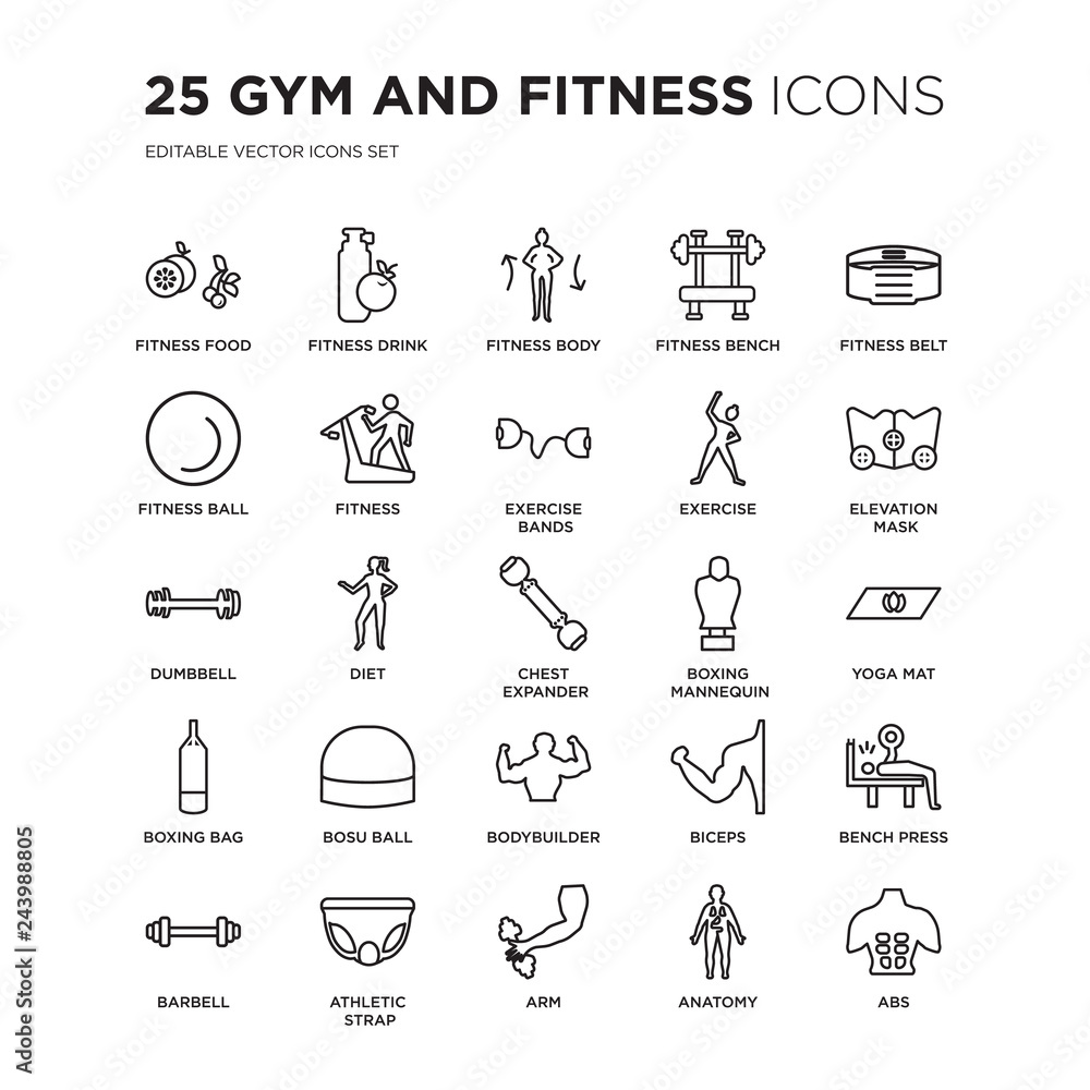Set of 25 Gym and fitness linear icons such as Food, Drink, Body, Fitness  bench, Belt, vector illustration of trendy icon pack. Line icons with thin  line stroke. Stock Vector