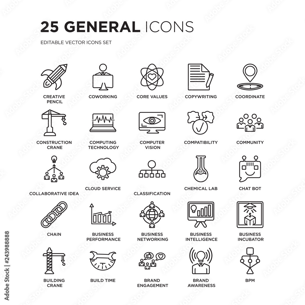 Set of 25 general linear icons such as creative pencil rocket, coworking, core values, copywriting, coordinate, community, vector illustration of trendy icon pack. Line icons with thin line stroke.
