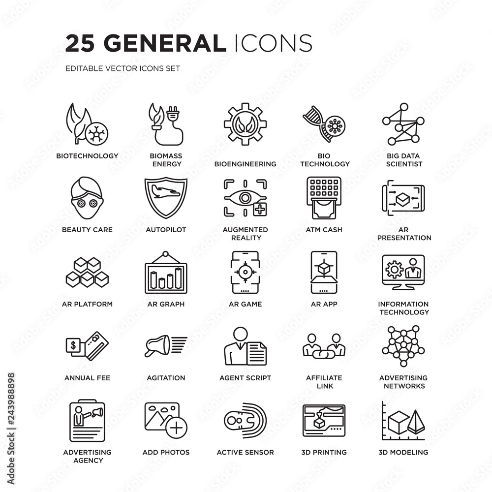Set of 25 general linear icons such as biotechnology, biomass energy, bioengineering, bio technology, big data scientist, vector illustration of trendy icon pack. Line icons with thin line stroke.