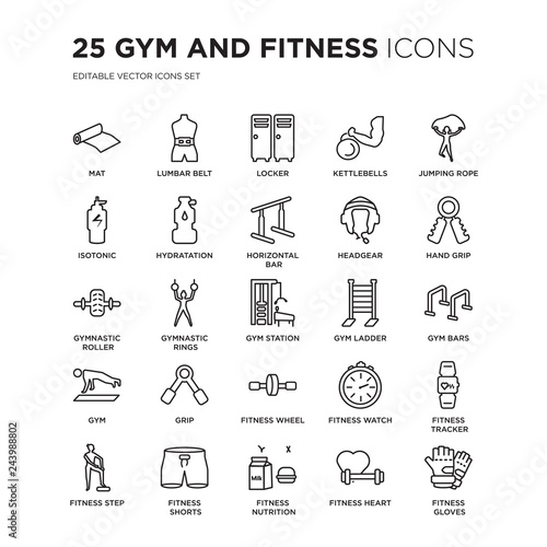 Set of 25 Gym and fitness linear icons such as Mat, Lumbar belt, Locker, Kettlebells, Jumping rope, Hand grip, bars, vector illustration of trendy icon pack. Line icons with thin line stroke.