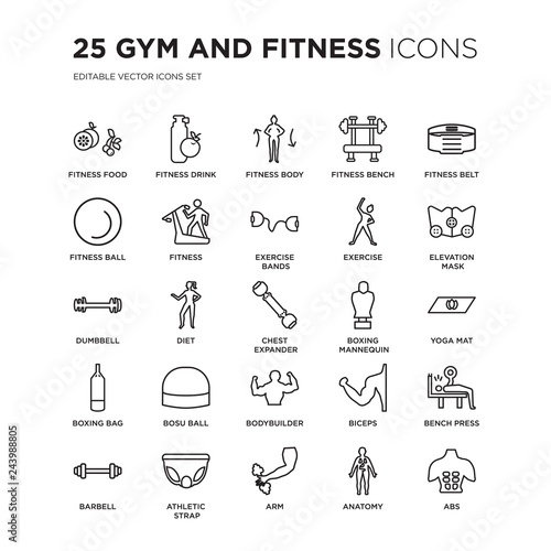 Set of 25 Gym and fitness linear icons such as Food, Drink, Body, Fitness bench, Belt, vector illustration of trendy icon pack. Line icons with thin line stroke.