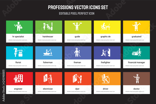 Set of 15 flat professions icons - HR Specialist, Hairdresser, Dyer, Graduated, Engineer, Firefighter, Financial Manager, Driver. Vector illustration isolated on colorful background