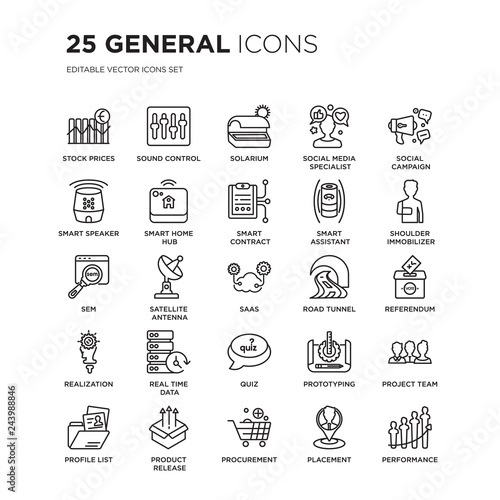Set of 25 General linear icons such as stock prices, sound control, solarium, social media specialist, campaign, vector illustration of trendy icon pack. Line icons with thin line stroke.