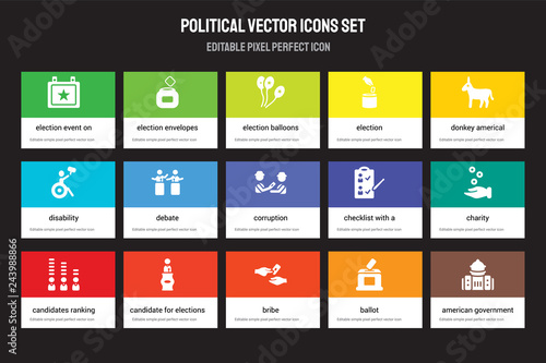 Set of 15 flat political icons - Election event on a calendar with star, envelopes and box, Bribe, Ballot. Vector illustration isolated colorful background