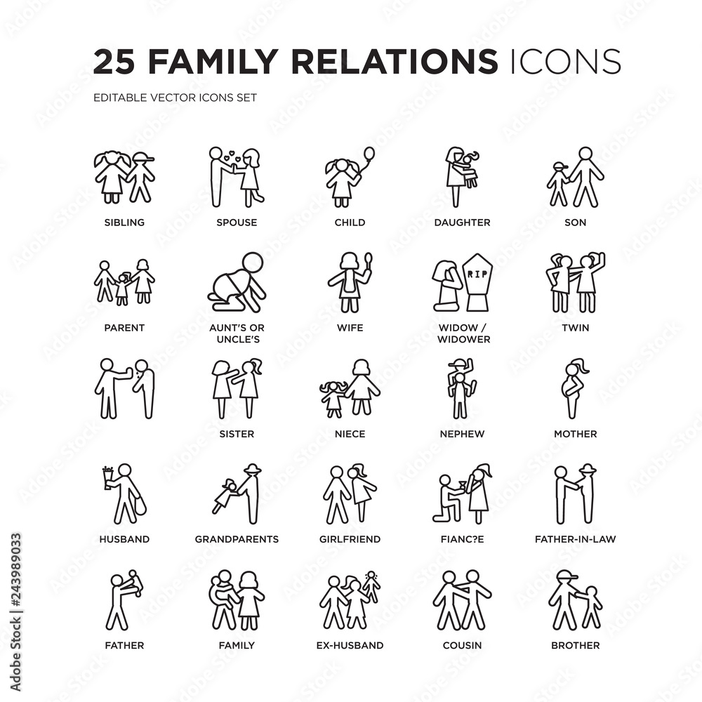 Set of 25 family relations linear icons such as sibling, spouse, child, daughter, son, twin, mother, father-in-law, , vector illustration of trendy icon pack. Line icons with thin line stroke.