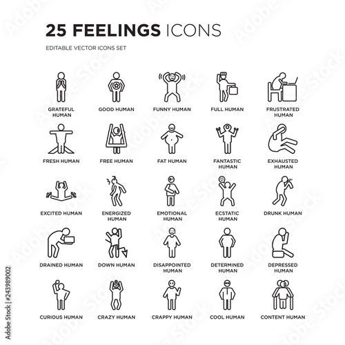 Set of 25 Feelings linear icons such as grateful human, good funny full frustrated exhausted human, vector illustration of trendy icon pack. Line icons with thin line stroke.
