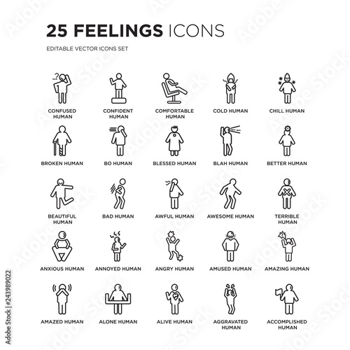 Set of 25 Feelings linear icons such as confused human, confident comfortable cold chill human, vector illustration of trendy icon pack. Line icons with thin line stroke.