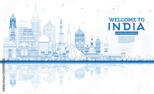 Outline Welcome to India City Skyline with Blue Buildings and Reflections.