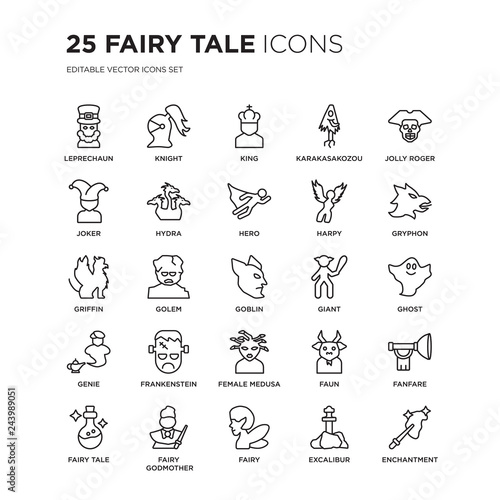 Set of 25 Fairy Tale linear icons such as Leprechaun  Knight  King  Karakasakozou  Jolly roger  Gryphon  Ghost  Fanfare  vector illustration of trendy icon pack. Line icons with thin line stroke.