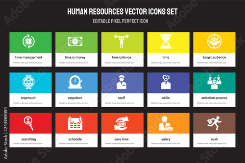 Set of 15 flat human resources icons - Time management, is money, Save time, Target audience, Searching, Skills, Selection process, Salary. Vector illustration isolated on colorful background
