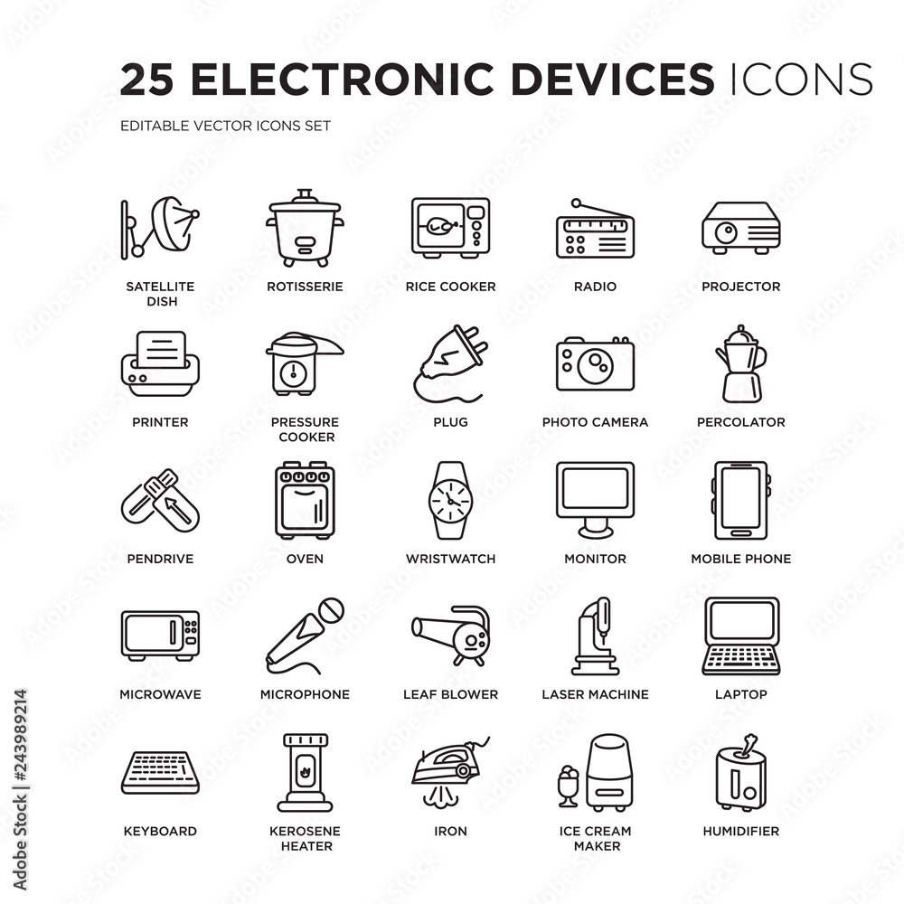 Set of 25 Electronic devices linear icons such as Satellite dish, rotisserie, Rice cooker, Radio, Projector, percolator, vector illustration of trendy icon pack. Line icons with thin line stroke.