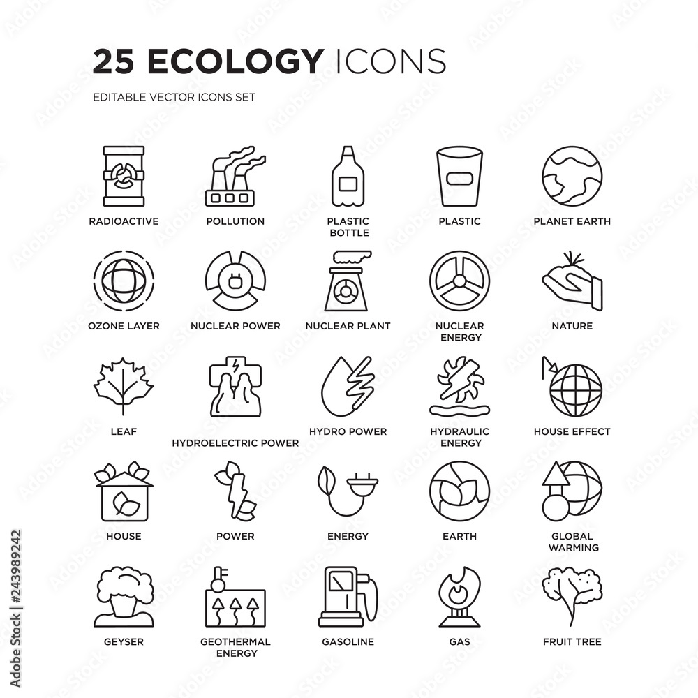 Set of 25 Ecology linear icons such as Radioactive, Pollution, Plastic bottle, Plastic, Planet earth, Nature, house effect, vector illustration of trendy icon pack. Line icons with thin line stroke. Set of 25 Ecology linear icons such as Radioactive, Pollution, Plastic bottle, Plastic, Planet earth, Nature, house effect, vector illustration of trendy icon pack. Line icons with thin line stroke.