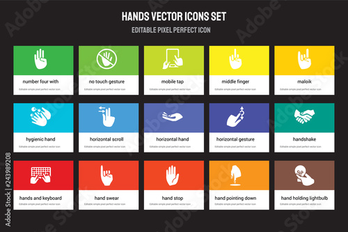 Set of 15 flat hands icons - Number four with finger, No touch gesture, hand Stop, Maloik, Hands and Keyboard. Vector illustration isolated on colorful background