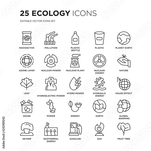 Set of 25 Ecology linear icons such as Radioactive, Pollution, Plastic bottle, Plastic, Planet earth, Nature, house effect, vector illustration of trendy icon pack. Line icons with thin line stroke.