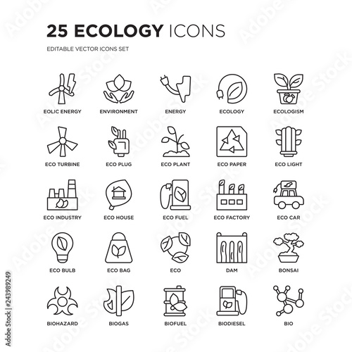 Set of 25 Ecology linear icons such as Eolic energy, Environment, Energy, Ecology, Ecologism, Eco light, car, Bonsai, vector illustration of trendy icon pack. Line icons with thin line stroke.