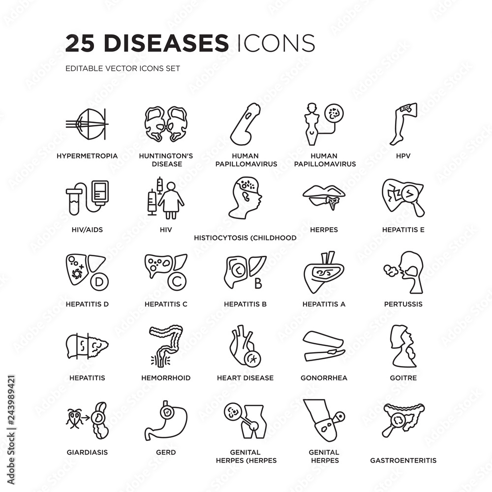 Set of 25 Diseases linear icons such as Hypermetropia, Huntington's disease, Human papillomavirus (HPV), , vector illustration of trendy icon pack. Line icons with thin line stroke. - obrazy, fototapety, plakaty 