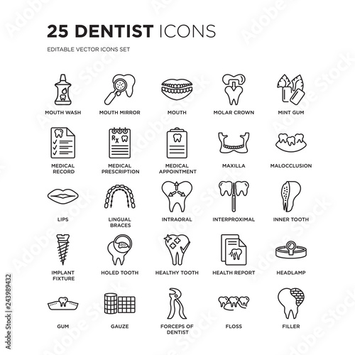 Set of 25 Dentist linear icons such as Mouth Wash, Mirror, Mouth, Molar crown, Mint gum, Malocclusion, Inner Tooth, vector illustration of trendy icon pack. Line icons with thin line stroke.