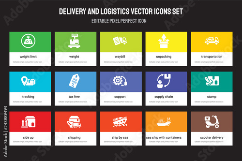 Set of 15 flat delivery and logistics icons - weight limit, Weight, ship by sea, Transportation, Side up. Vector illustration isolated on colorful background