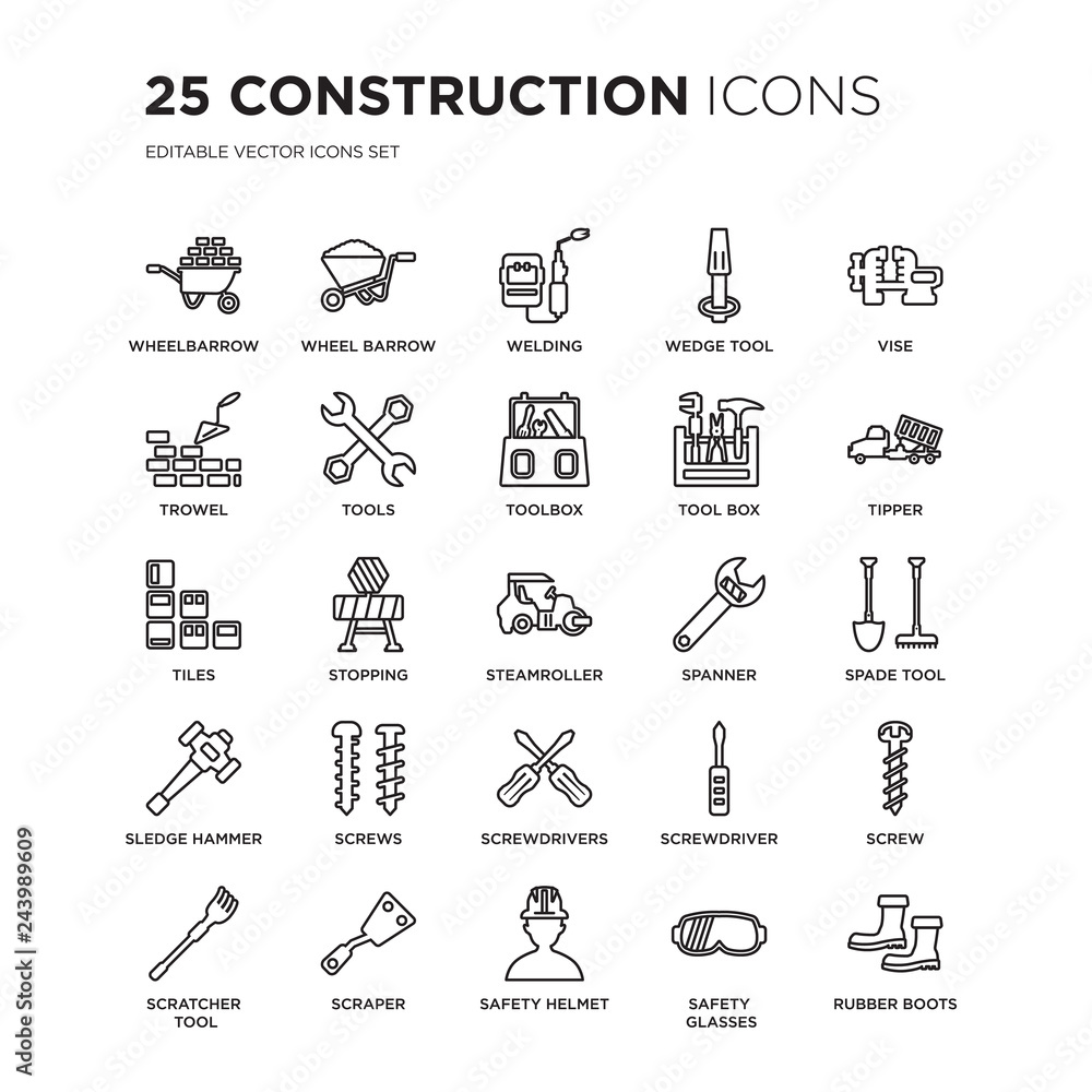 Fototapeta premium Set of 25 Construction linear icons such as Wheelbarrow, Wheel barrow, Welding, Wedge tool, Vise, Tipper, Spade Screw, vector illustration of trendy icon pack. Line icons with thin line stroke.