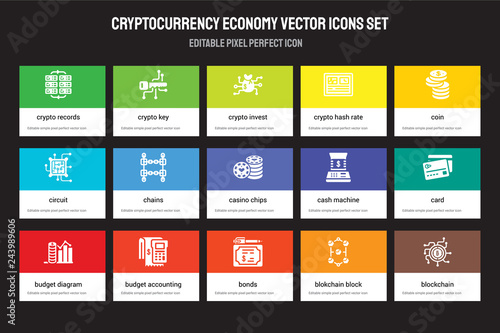 Set of 15 flat cryptocurrency economy icons - crypto records, key, Bonds, Coin, budget diagram, Cash machine, Card, blokchain block. Vector illustration isolated on colorful background