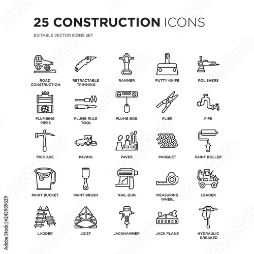 Set of 25 Construction linear icons such as road construction, Retractable trimming knife, Rammer, Putty Polishers, vector illustration of trendy icon pack. Line icons with thin line stroke.