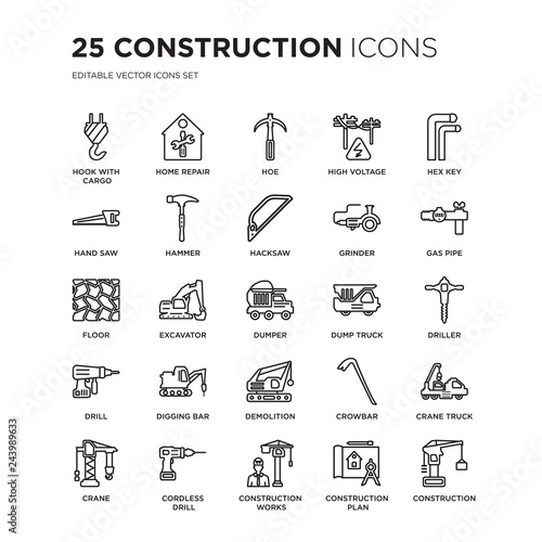 Set of 25 Construction linear icons such as hook with cargo, home repair, Hoe, High voltage, Hex key, Gas pipe, Driller, vector illustration of trendy icon pack. Line icons with thin line stroke.