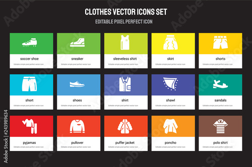 Set of 15 flat clothes icons - Soccer shoe, Sneaker, puffer jacket, Shorts, pyjamas, Shawl, Sandals, Poncho. Vector illustration isolated on colorful background