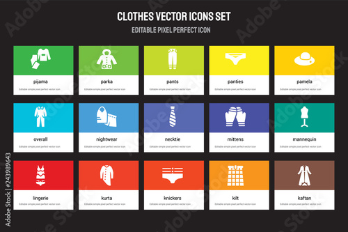 Set of 15 flat clothes icons - Pijama, Parka, Knickers, Pamela, Lingerie, Mittens, Mannequin, Kilt. Vector illustration isolated on colorful background
